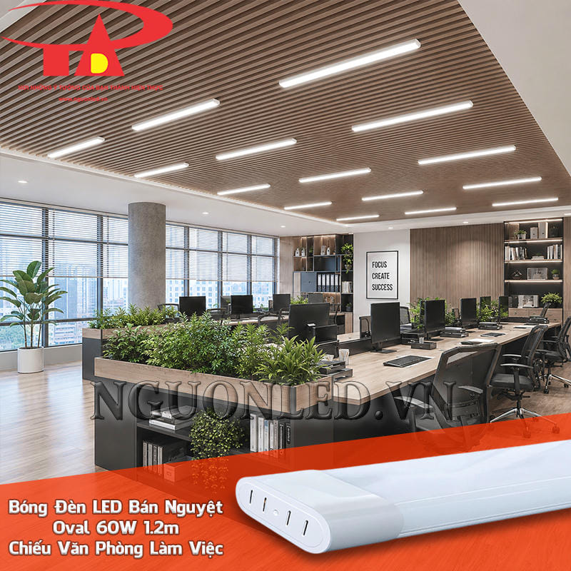 Đèn LED bán nguyệt oval 60W chiếu sáng văn phòng với các dải sáng chạy liên tục trên trần