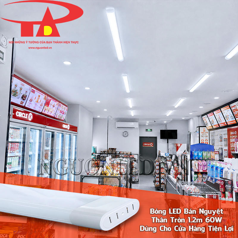 Bóng tuýp LED bán nguyệt oval 60W tạo nền sáng rõ dọc lối đi và các dãy hàng trong cửa hàng tiện lợi