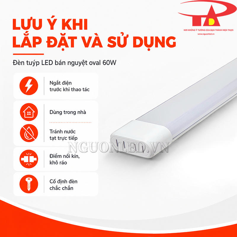 Đèn LED bán nguyệt oval 60W với các lưu ý ngắt điện, dùng trong nhà, tránh nước và giữ điểm nối khô ráo