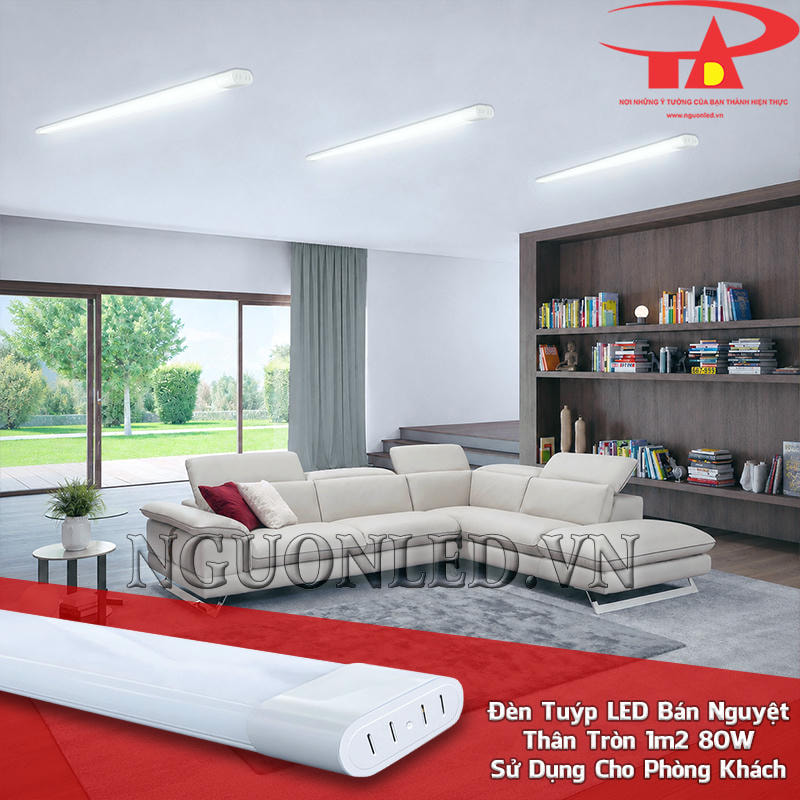 Đèn tuýp LED bán nguyệt thân tròn 80W bố trí trên trần phòng khách lớn với hình thức thanh gọn