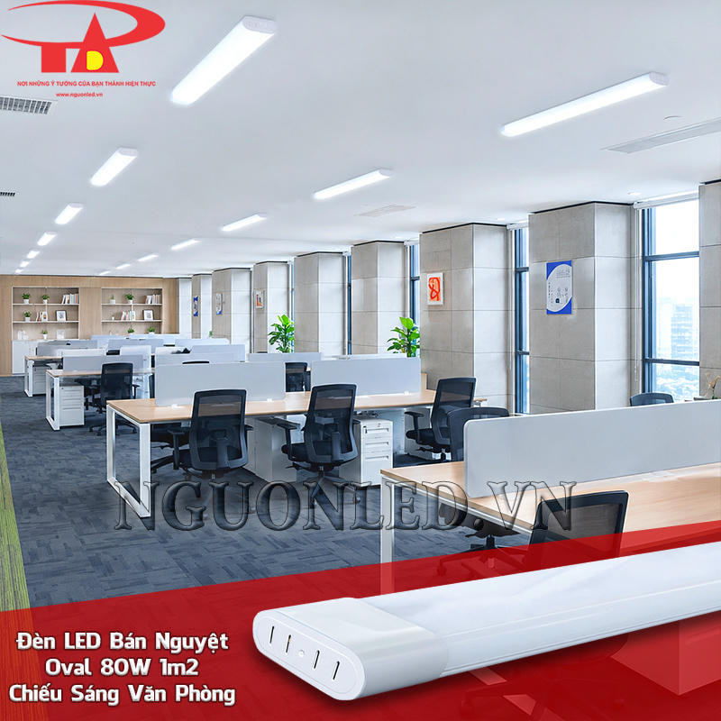 Bóng đèn LED bán nguyệt oval 80W bố trí trên trần theo các cụm bàn làm việc văn phòng