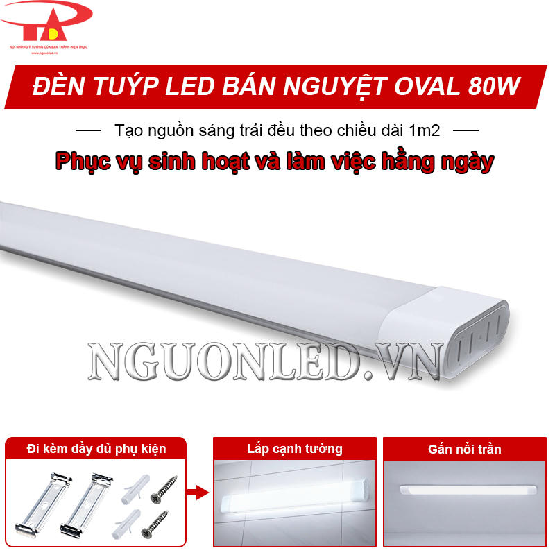 Đèn tuýp LED bán nguyệt oval 80W tạo nguồn sáng đều theo chiều dài, gắn nổi trần và cạnh tường