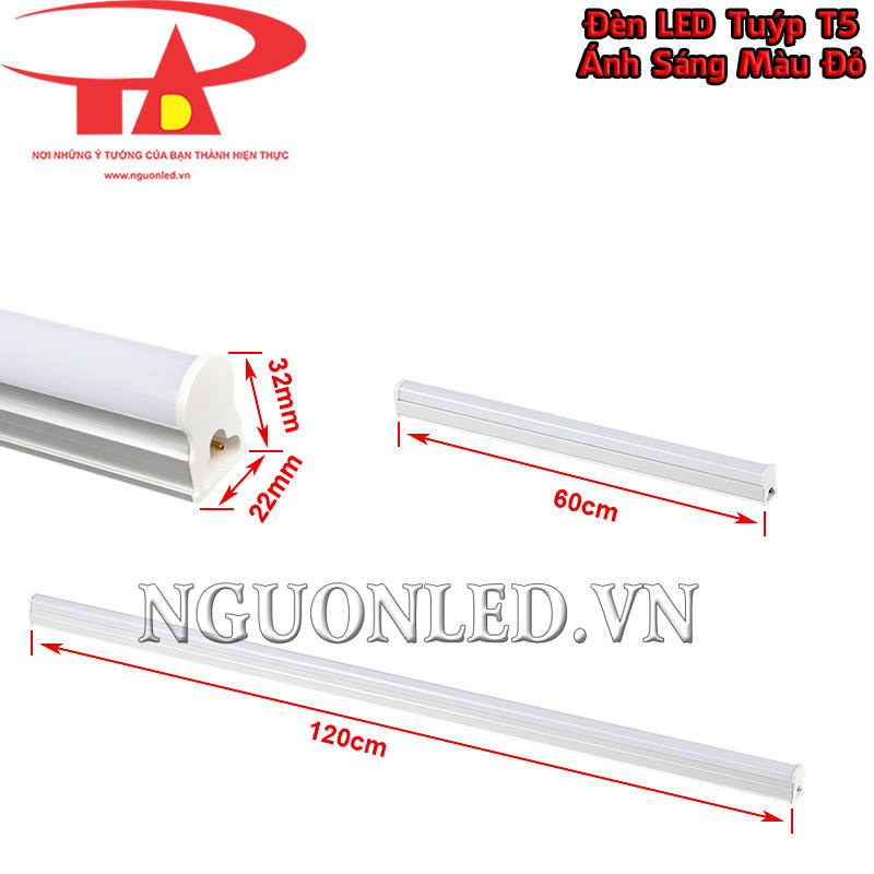 Đèn LED T5 liền máng màu đỏ với kích thước nhỏ gọn, tiết kiệm không gian lắp đặt