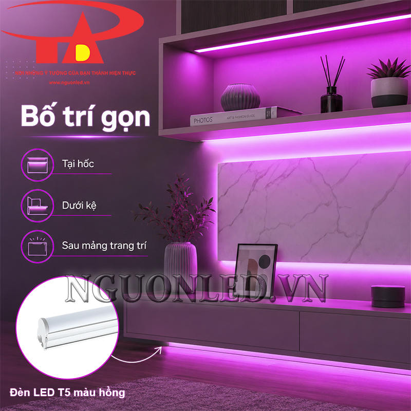 Đèn LED T5 liền máng màu hồng bố trí gọn cho mảng trang trí, hốc kệ trong nhà