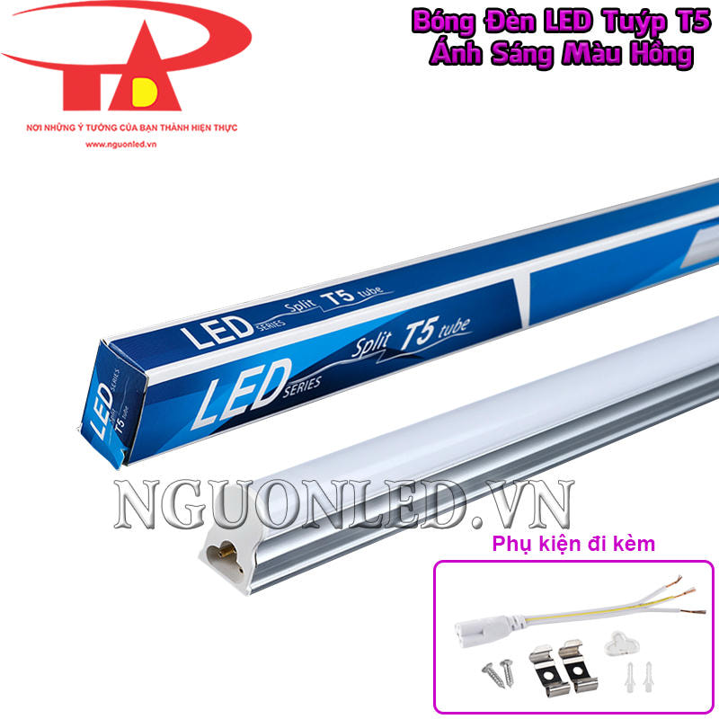 Bóng đèn LED T5 màu hồng với đầy đủ phụ kiện đi kèm