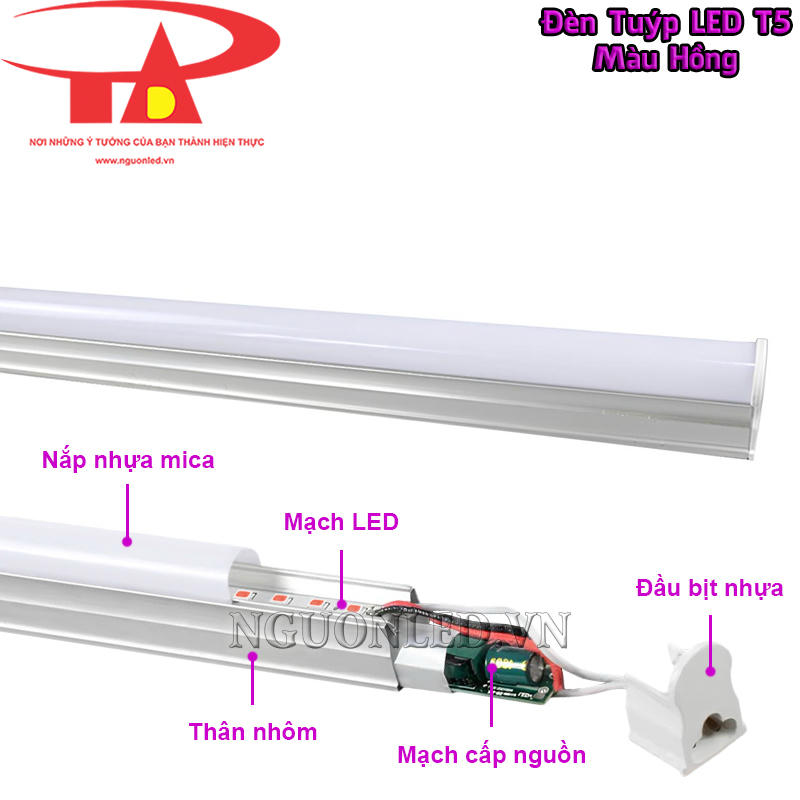 Các bộ phận bên trong thanh đèn T5 màu hồng với cấu trúc liền máng gọn gàng