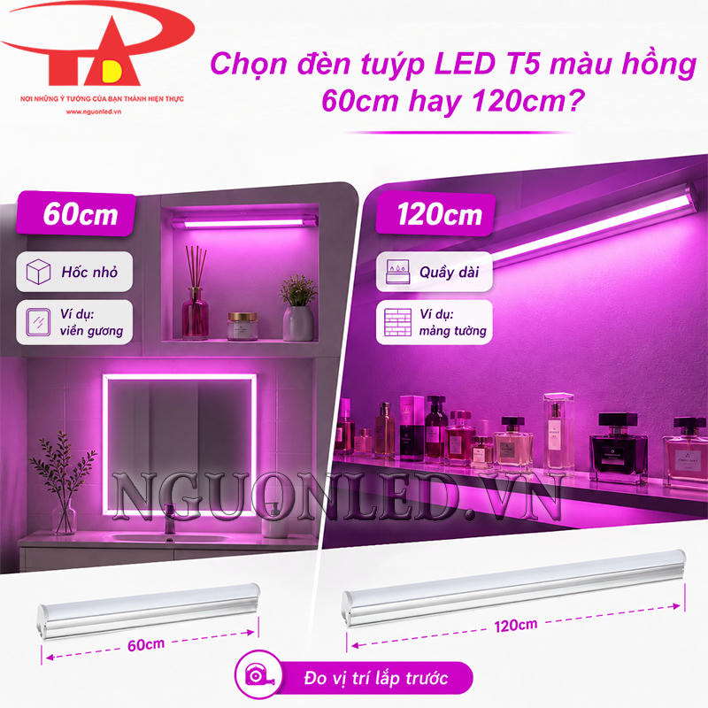 Hai phiên bản đèn T5 màu hồng 60cm và 120cm đặt cạnh nhau để chọn theo chiều dài vị trí lắp thực tế