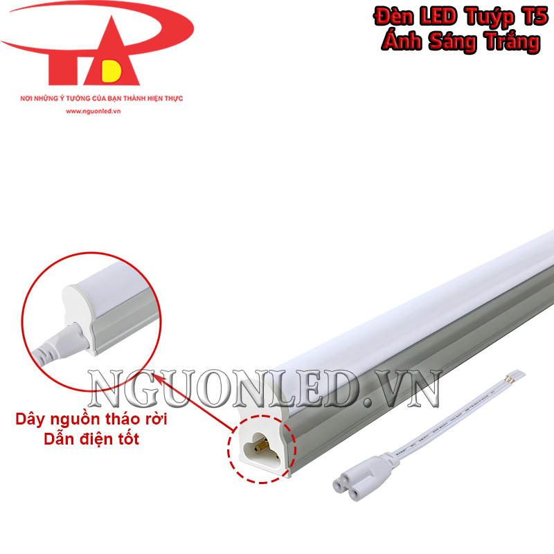 Bóng LED T5 liền máng màu trắng với dây nguồn tháo rời tiện lợi, dẫn điện tốt
