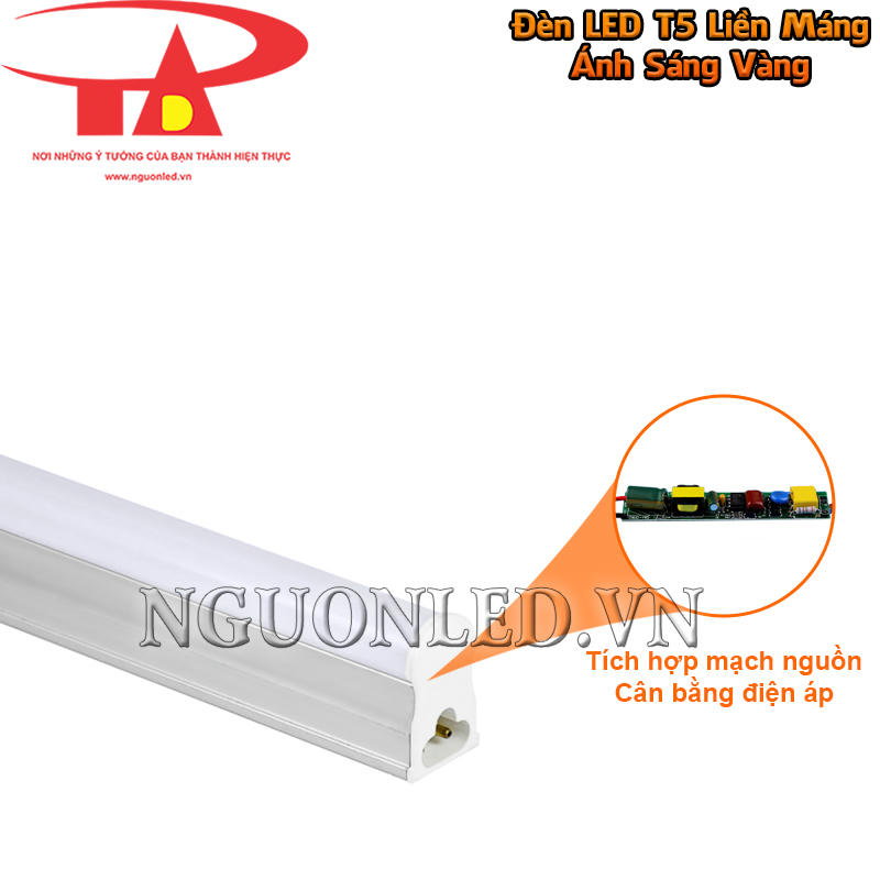 Đèn LED T5 liền máng màu vàng với mạch nguồn tích hợp trực tiếp giúp cân bằng điện áp