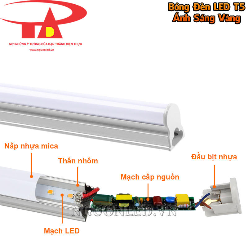 Đèn tuýp LED T5 màu vàng được hoàn thiện với linh kiện chất lượng, đảm bảo hoạt động bền bỉ