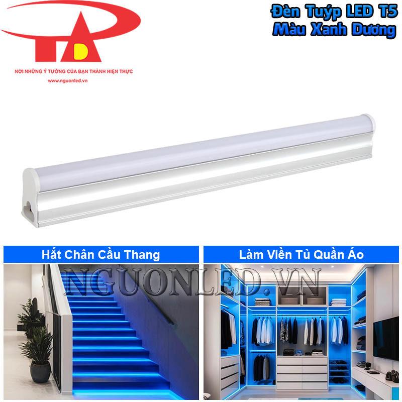 Đèn LED T5 màu xanh dương lắp bên dưới chân cầu thang và tạo viền tủ quần áo