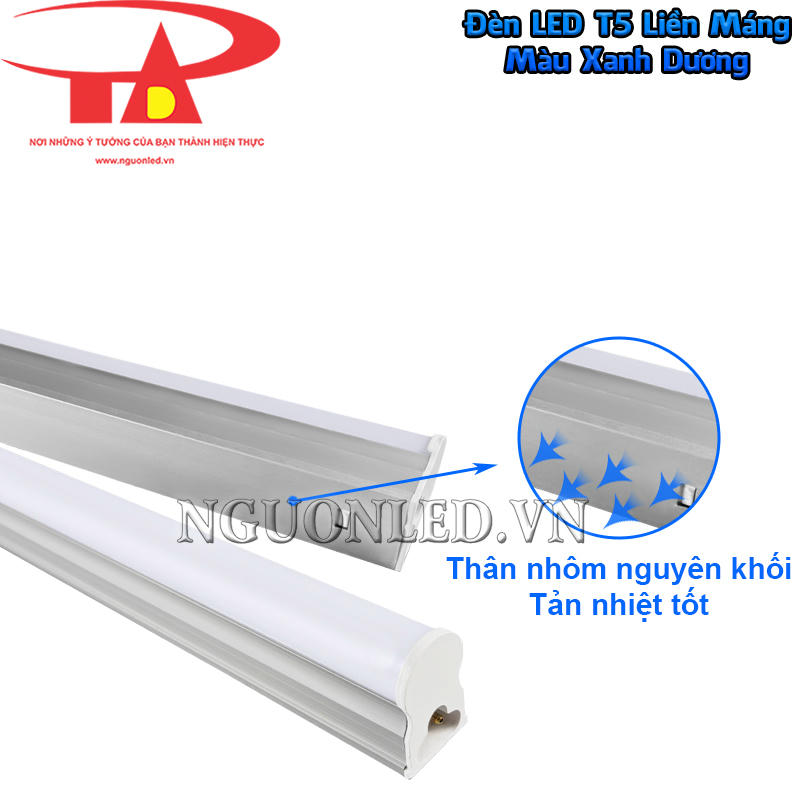 Đèn T5 màu xanh dương với thân nhôm liền khối hỗ trợ tản nhiệt tốt