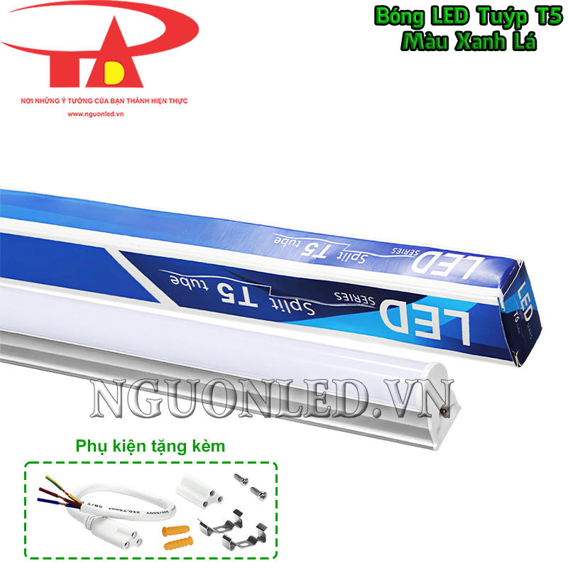 Phụ kiện đèn tuýp LED T5 màu xanh lá gồm bát treo, tắc kê nhựa, vít, dây nối nguồn và đầu nối thẳng