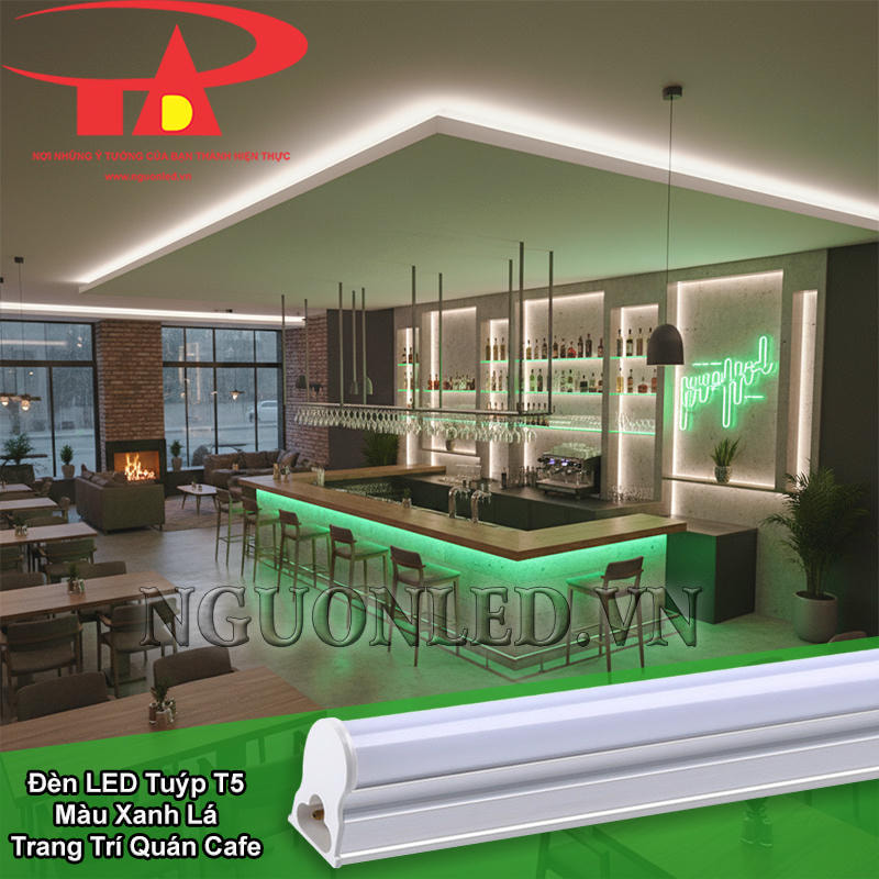 Đèn tuýp LED T5 màu xanh lá hắt sáng trang trí quán cà phê