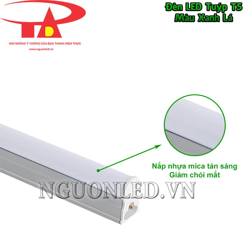 Đèn LED tuýp T5 màu xanh lá với nắp nhựa mica tản sáng, giảm chói mắt