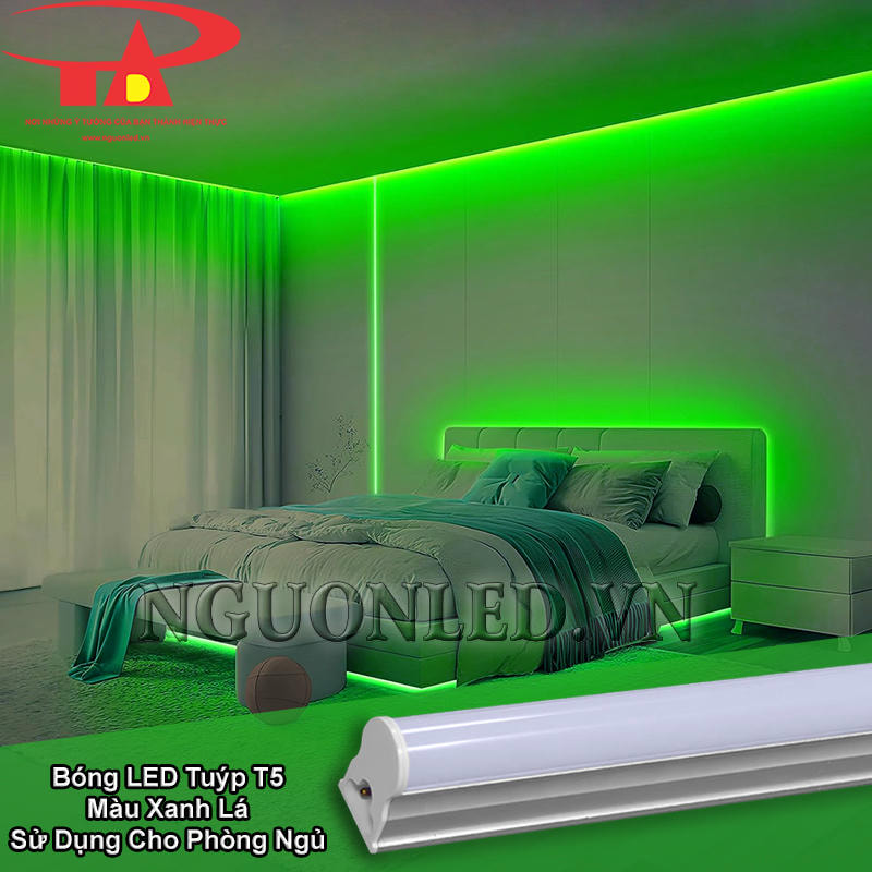 Bóng đèn LED T5 màu xanh lá hắt sáng hốc đầu giường và đường trần phòng ngủ