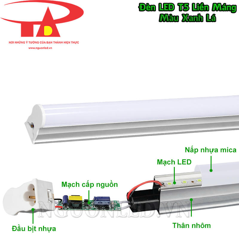 Cấu tạo bên trong đèn T5 liền máng gồm thân nhôm, nắp tản sáng mica, đầu bịt nhựa, mạch LED và mạch cấp nguồn