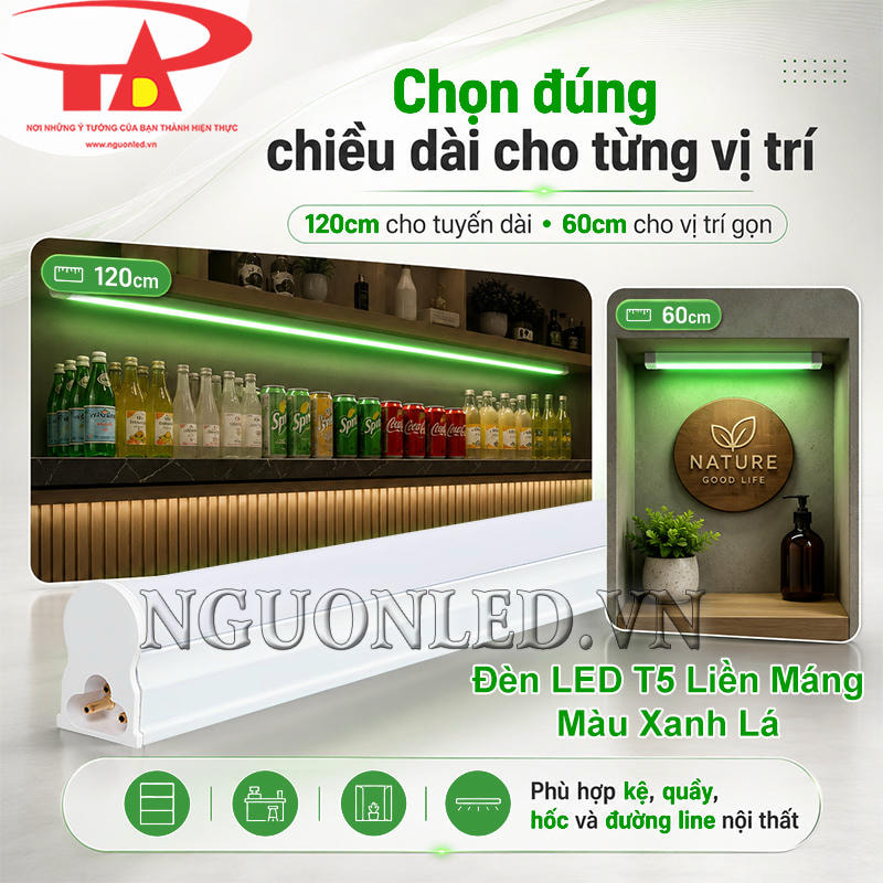 Hai phiên bản đèn T5 xanh lá dài 120cm và 60cm đặt cạnh nhau để so sánh theo vị trí lắp đặt