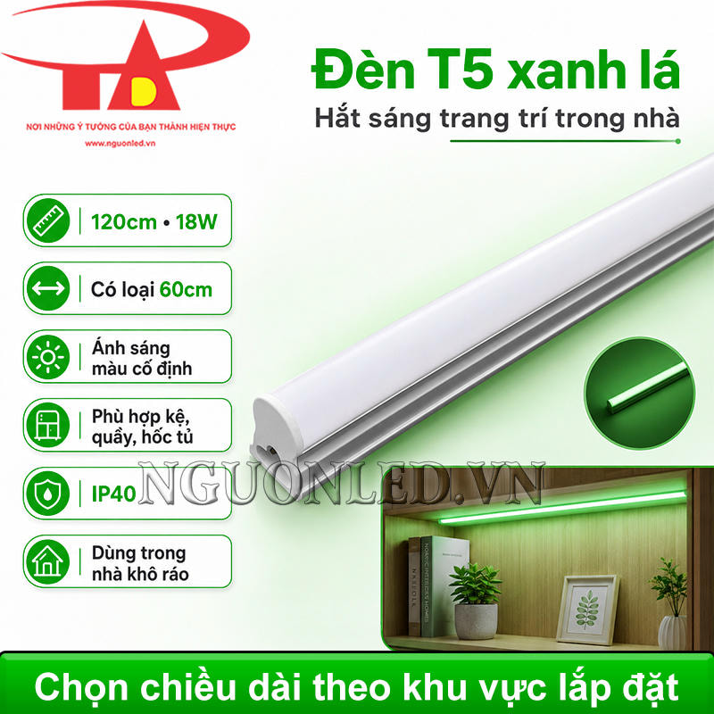 Đèn LED T5 màu xanh lá dạng liền máng với thanh sáng dài, phù hợp tạo đường hắt xanh trong nhà