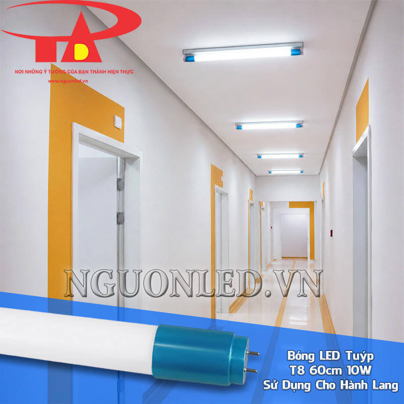 Đèn tuýp LED 10W phân bổ theo chiều dài hành lang, tạo các điểm sáng nối tiếp dọc theo tuyến lối đi
