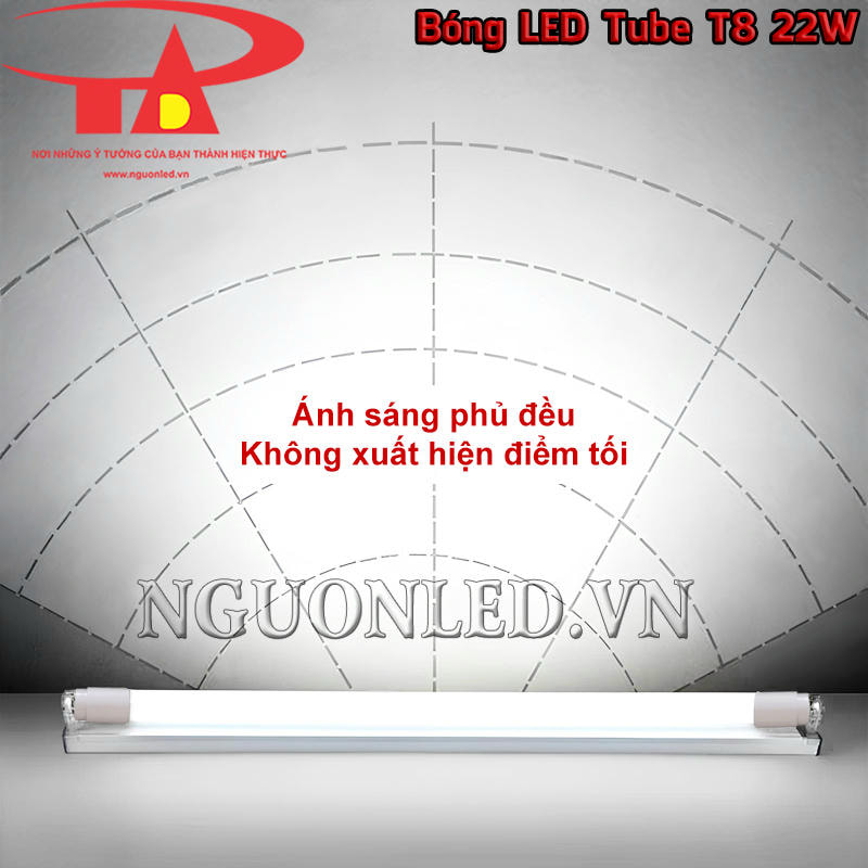 Bóng đèn LED tuýp T8 22W ánh sáng tỏa đều và rộng, không bị điểm tối