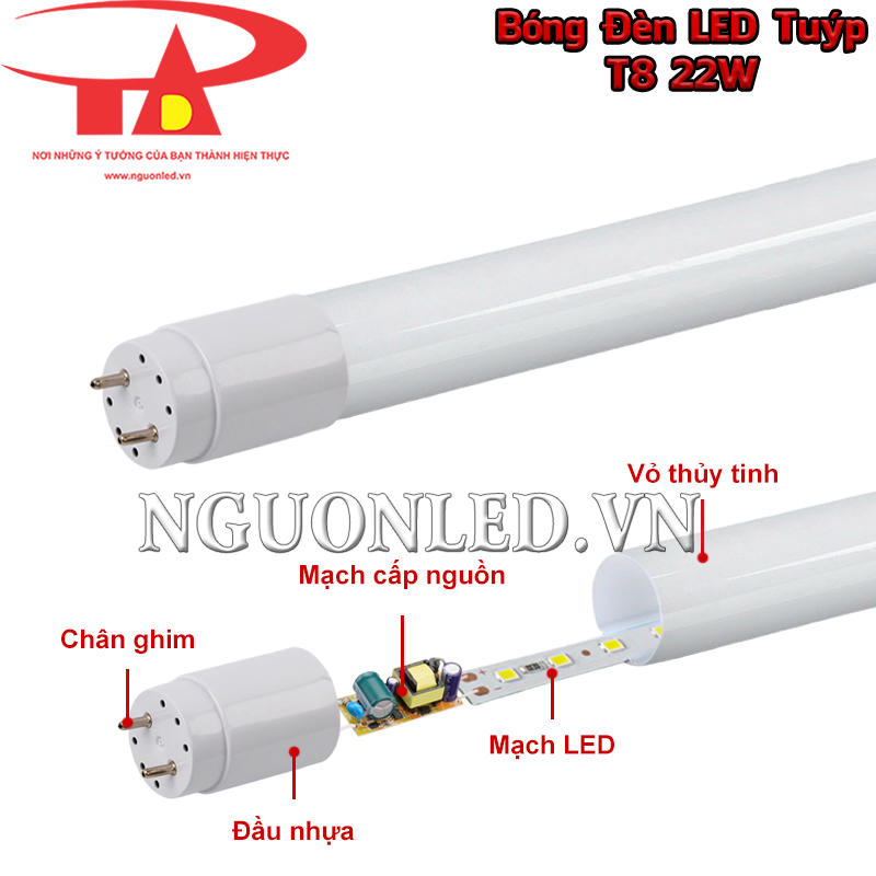 Đèn tuýp LED T8 22W với cấu tạo bóng thủy tinh, đầu nhựa, mạch nguồn và chip led