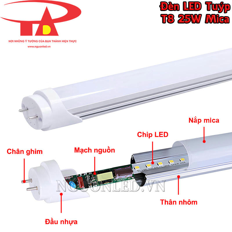 Cấu tạo đèn LED tuýp T8 25W với thân nhôm, nắp mica, chip LED, chân ghim G13 và mạch nguồn
