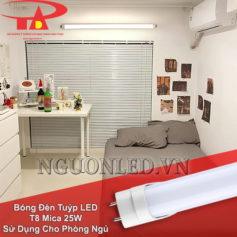 Đèn LED tuýp T8 mica 25W dùng cho phòng ngủ với ánh sáng dịu nhẹ, ấm áp