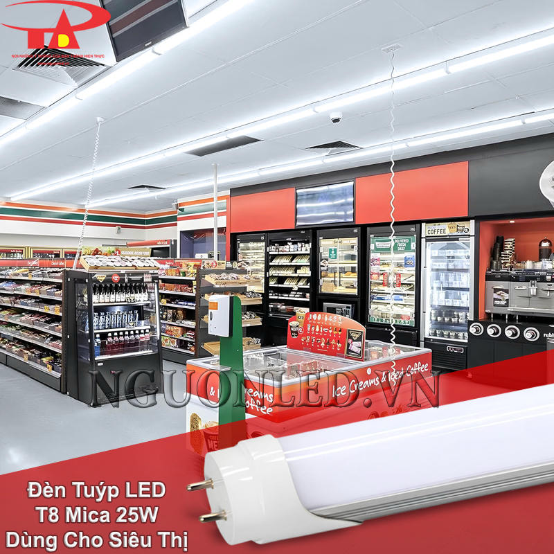 Đèn LED tuýp T8 mica 25W chiếu sáng khu trưng bày, lối đi bên trong siêu thị rõ ràng