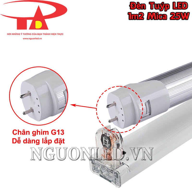 Bóng đèn tuýp LED mica 25W đầu ghim chuẩn G13 tiếp điểm đồng mạ niken chống oxy hóa tốt