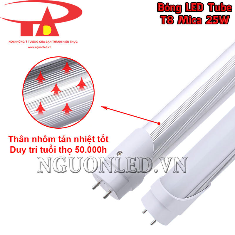Cận cảnh đèn LED tuýp T8 mica 25W thân nhôm nguyên khối tản nhiệt đều giúp duy trì tuổi thọ 50.000h