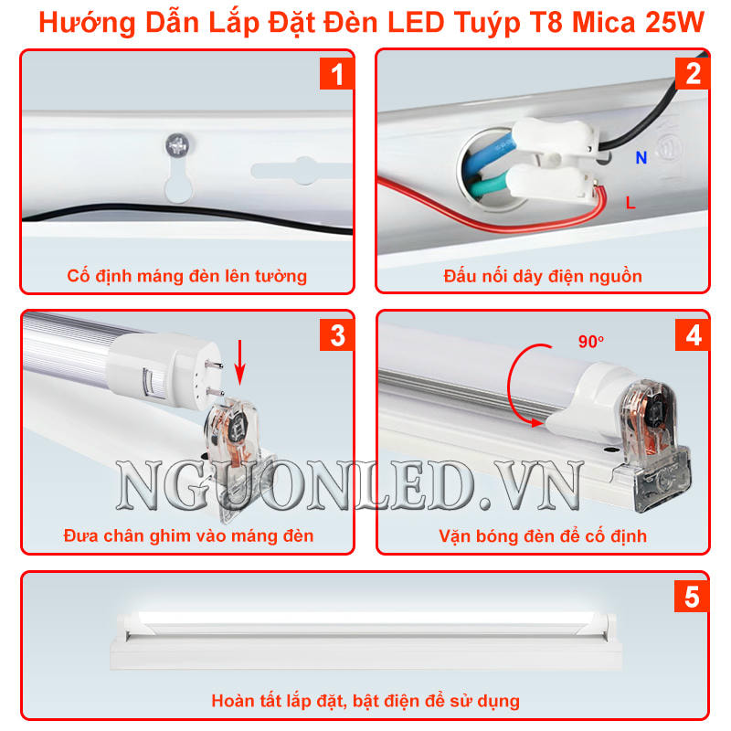 Các bước lắp bóng đèn tuýp LED mica 25W gồm cố định máng, đấu nguồn, gắn bóng và kiểm tra trước khi bật