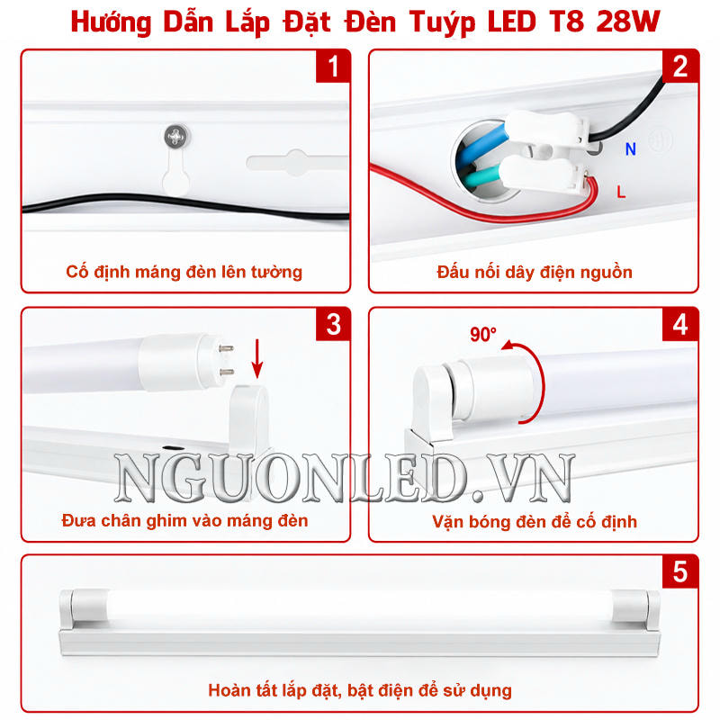 Đèn tuýp LED T8 28W được lắp vào máng T8 chuẩn bị riêng trên trần hoặc tường