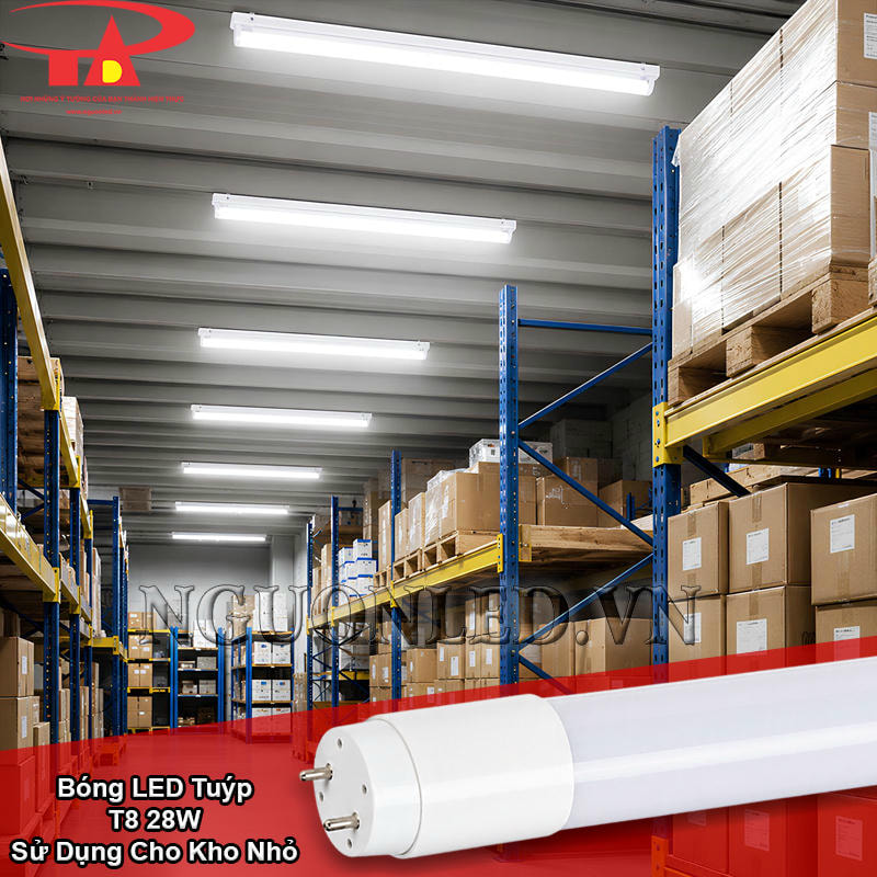 Đèn tuýp LED T8 28W tạo ánh sáng theo dãy kệ trong kho nhỏ