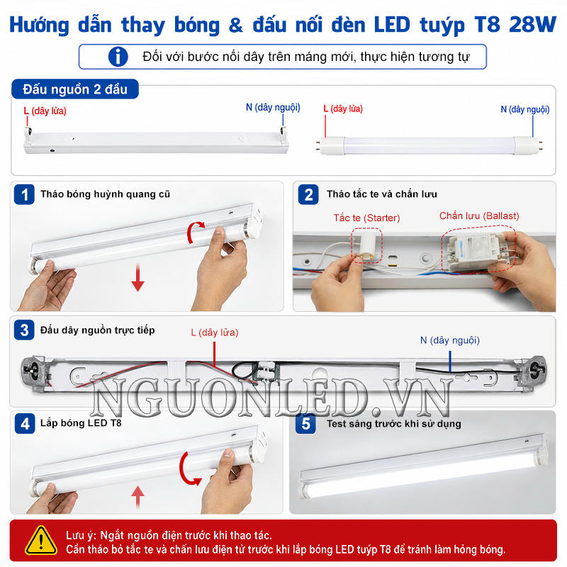 Đèn tuýp LED T8 28W thay vào máng huỳnh quang cũ sau khi kiểm tra đấu nối