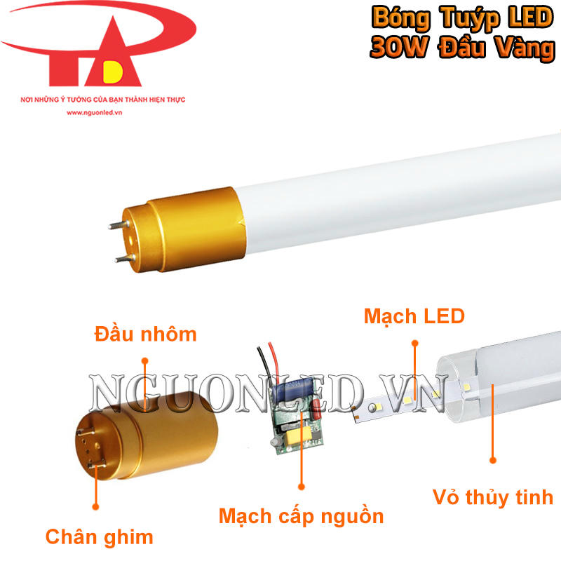 Đèn tuýp LED T8 30W đầu nhôm nguyên khối, vỏ thủy tinh dẫn sáng tốt