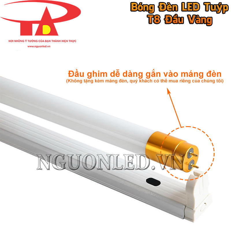 Bóng đèn LED tuýp T8 đầu vàng tích hợp chân ghim chuẩn G13, dễ dàng lắp đặt