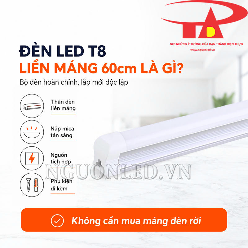 Đèn LED T8 liền máng 60cm dạng bộ đèn hoàn chỉnh có thân liền máng và nắp mica