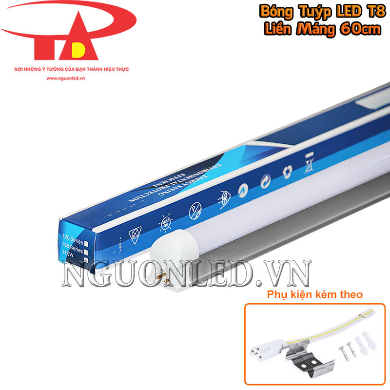 Đèn LED T8 liền máng 60cm kèm bát kẹp, tắc kê, dây nguồn rời và đầu nối thẳng