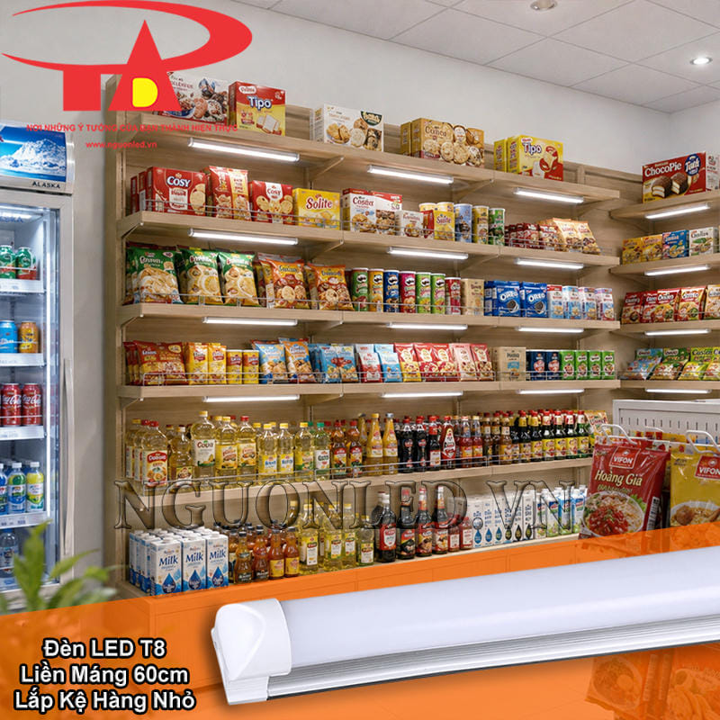Đèn LED T8 liền máng 60cm lắp trên kệ hàng nhỏ trong siêu thị