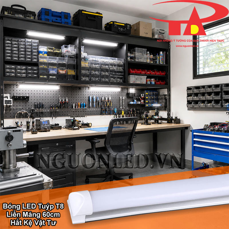 Đèn LED T8 liền máng 60cm lắp tại kệ vật tư cho bàn kỹ thuật