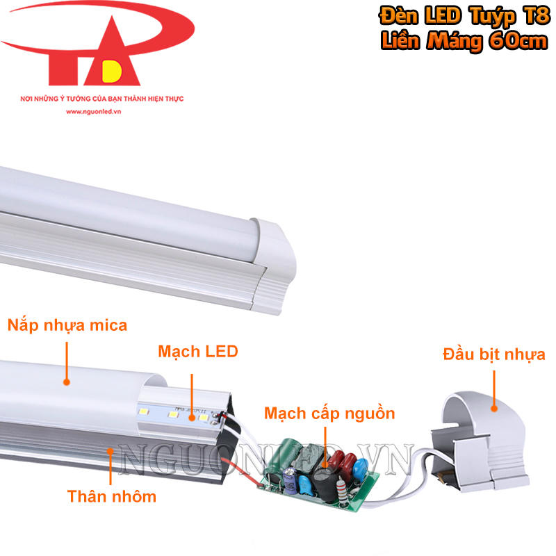 Cấu tạo bóng tuýp LED T8 liền máng 60cm gồm nắp mica mạch LED nguồn tích hợp và thân nhôm
