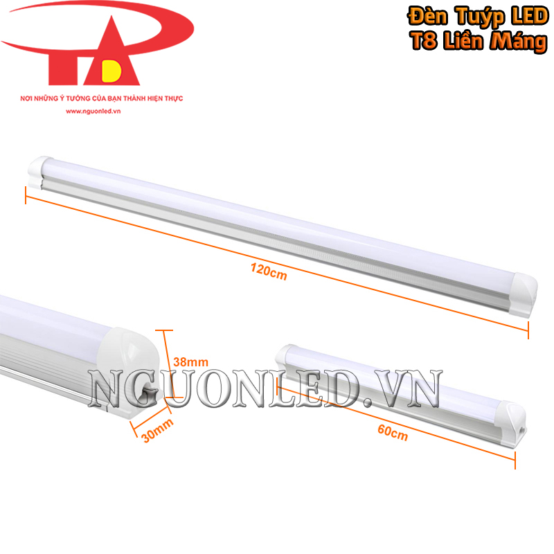 Kích thước đèn LED T8 liền máng 60cm và phiên bản 120cm với tiết diện 30 x 38mm