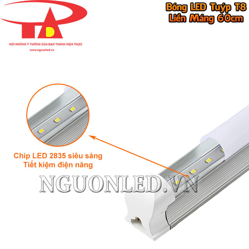 Chip LED SMD 2835 bố trí dọc thân bóng LED T8 liền máng 0.6m