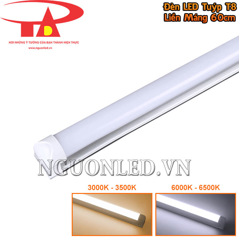 Bóng đèn tuýp LED T8 liền máng 60cm có ánh sáng trắng 6000K và ánh sáng vàng 3000K