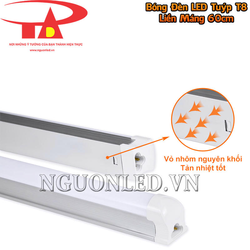 Thân nhôm nguyên khối của bóng đèn LED T8 liền máng 60cm hỗ trợ tản nhiệt