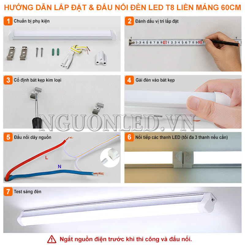 Hướng dẫn lắp đặt đèn LED T8 liền máng 60cm bằng bát kẹp và dây nguồn rời
