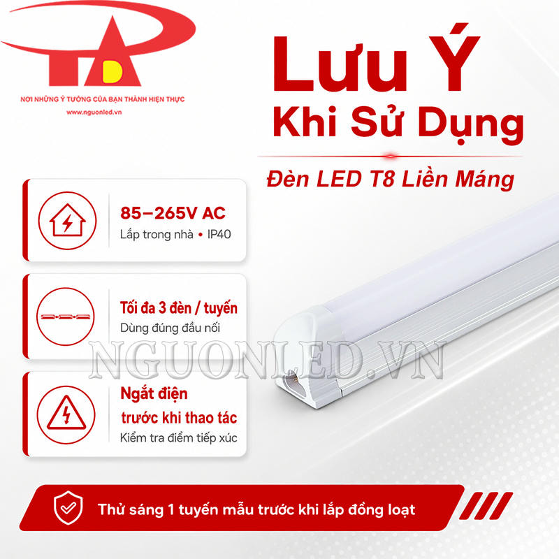 Đèn T8 liền máng cấp điện 85 - 265V AC, nối tiếp tối đa 3 thanh đèn