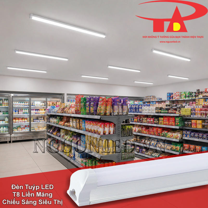 Đèn LED T8 liền máng bố trí ánh sáng cho siêu thị