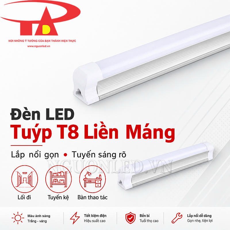 Đèn LED tuýp T8 liền máng lắp nổi gọn, tuyến sáng rõ